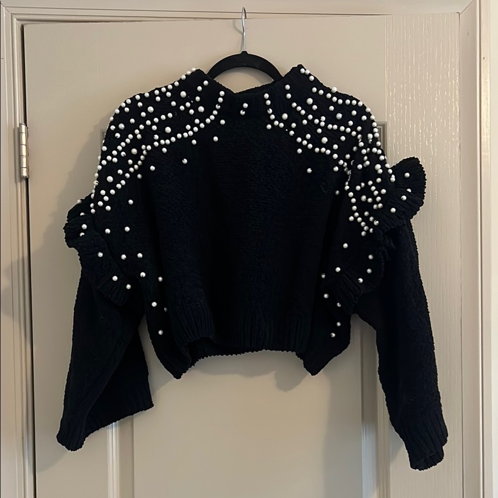 POL Black Sweater with Pearl Accents